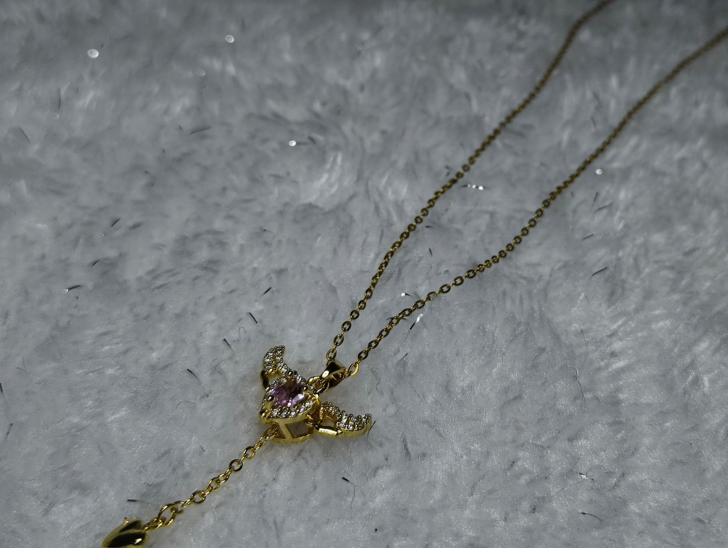 Gold Plated Stainless Steel Heart Angel Wings With Pink Gem Necklace