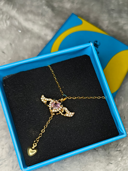 Gold Plated Stainless Steel Heart Angel Wings With Pink Gem Necklace